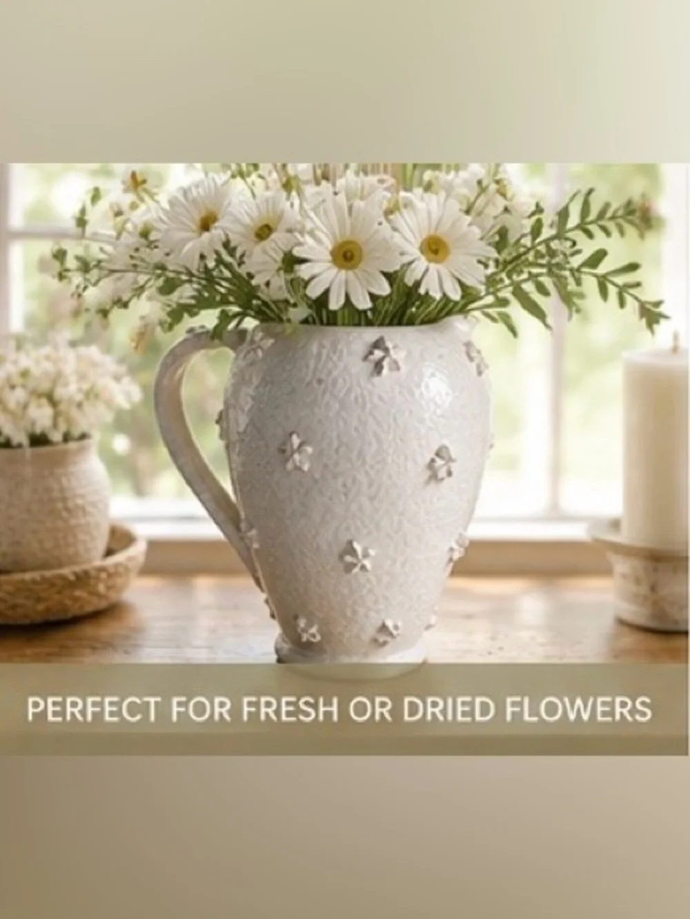 Vintage Handmade White Ceramic Pitcher Floral Cottagecore Vase